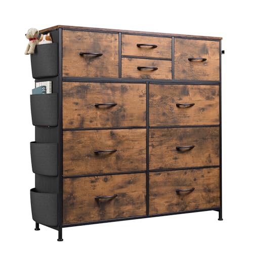 Rustic Brown 10 Drawer Fabric Dresser with Metal Frame V292