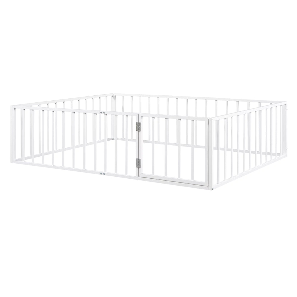 White Queen Metal Floor Bed with Fence Rails and Lockable Door G881553