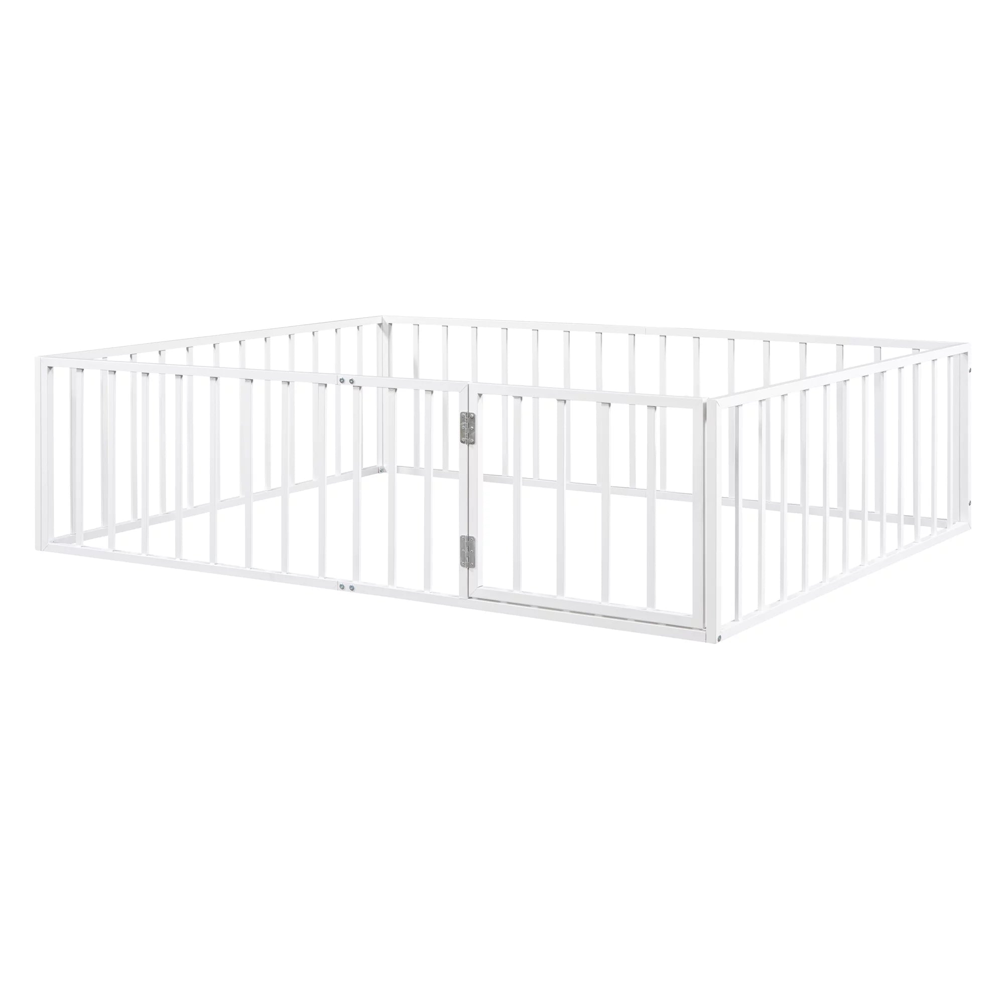 White Queen Metal Floor Bed with Fence Rails and Lockable Door G881553
