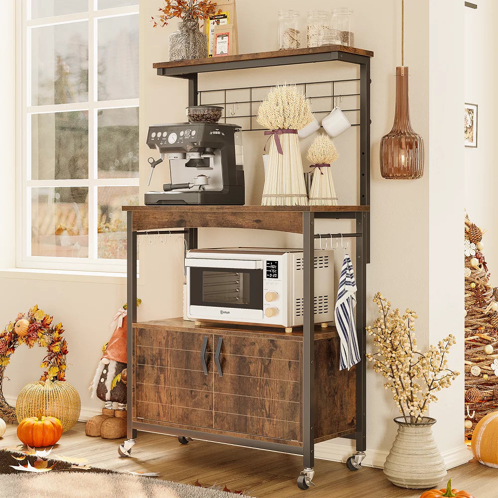 3-Tier Baker's Rack with Cabinet, Kitchen Storage Shelves, Microwave Oven Stand, Coffee Bar with Hooks in Rustic G17349