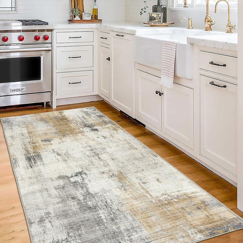 Beige 2'6" x 6' Machine Washable Area Rug Runner Y378287