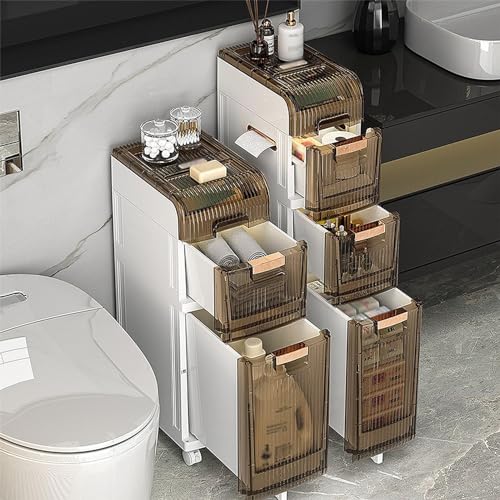 Narrow Bathroom Floor Storage Cabinet with Multi-layer Drawers Universal Wheels, Tall Slim Storage Unit Free Standing Storage Cabinet R10206