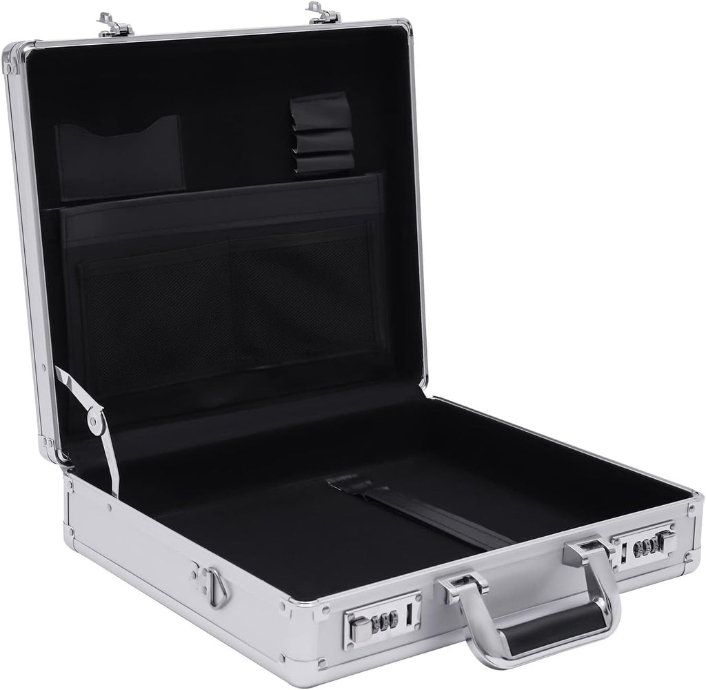 Aluminum Attache Case, 15 x 13 x 4.3 Inch Combination Lock Hard Laptop Case with Strap, Silver M22831
