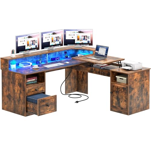 Grey L Shaped Desk with Power Outlets & LED Lights, 60" Computer Desk with Drawers & Lift Top, Height Adjustable Desk with File Cabinet I849088