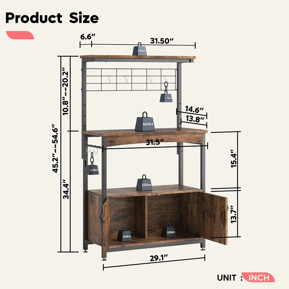 3-Tier Baker's Rack with Cabinet, Kitchen Storage Shelves, Microwave Oven Stand, Coffee Bar with Hooks in Rustic G17349