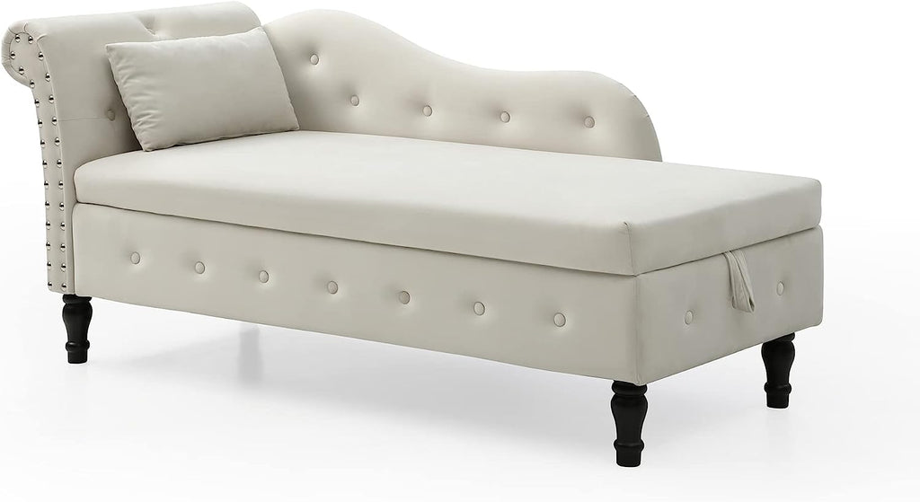 Beige Velvet Upholstered Chaise Lounge Chair with Storage and Pillow T801694