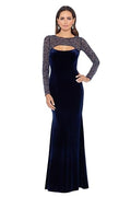 Long Stretch Velvet Illusion Beaded Sleeve Gown T294066