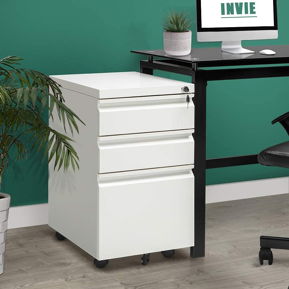 White Metal 3 Drawer File Cabinet with Lock G47883