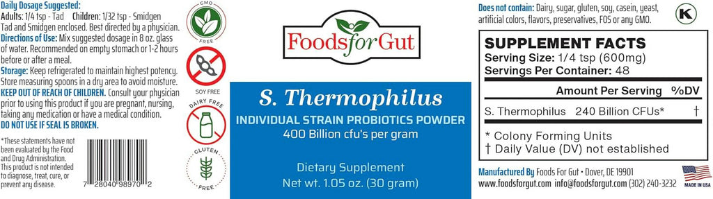 Streptococcus Thermophilus Probiotic Powder 400 Billion cfu's 30 Gram H349