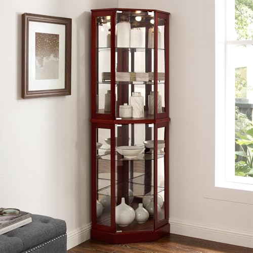 6-Tier Lighted Corner Curio Cabinet with Mirrors and Adjustable Shelves (Cherry) G426
