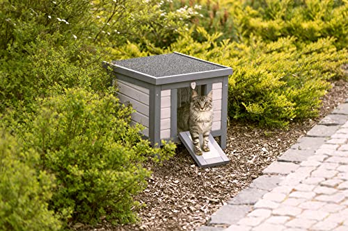 Gray & White Fir Wood Outdoor Cat House with Raised Floor and Hinged Asphalt Roof C528