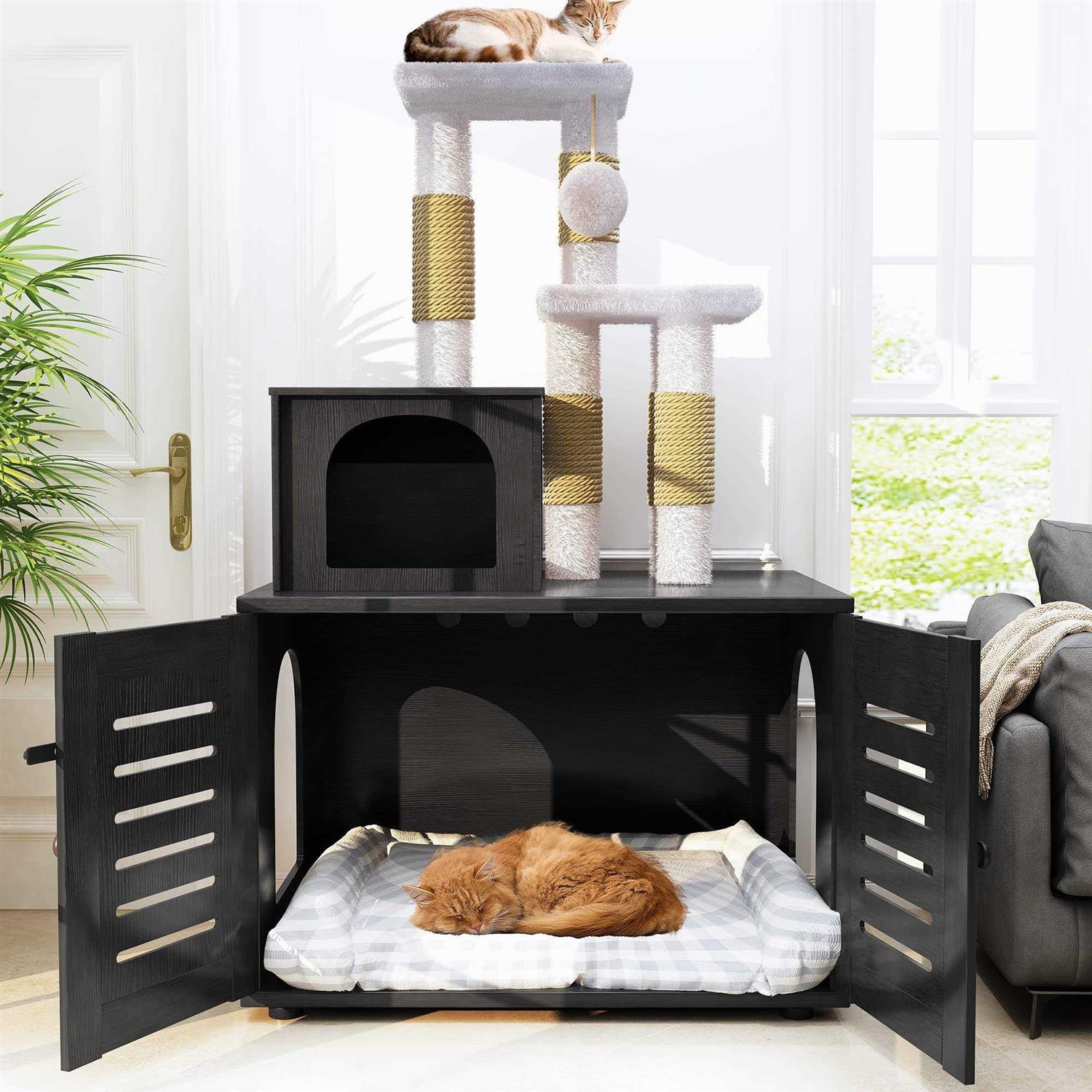 Cat Litter Box Enclosure with Cat Tree Hidden Cat Washroom Furniture with Divider P818205