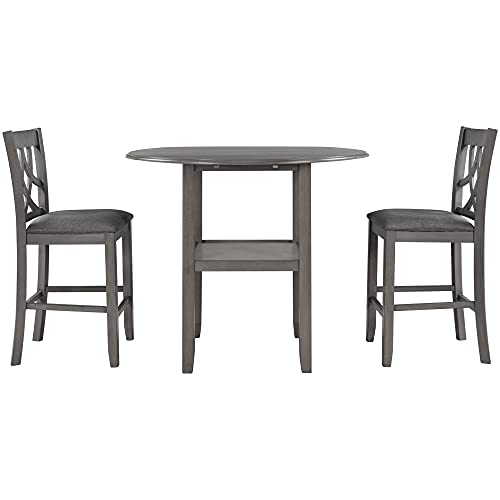 3 Piece Round Drop Leaf Counter Height Dining Table and Chairs Set with Storage Shelf T52721