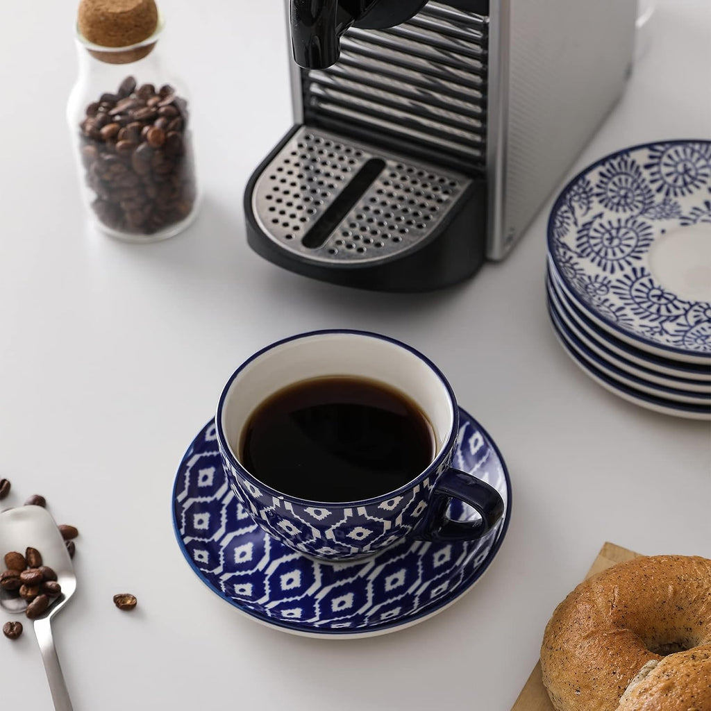 12 Piece Ceramic Dinnerware Set with 8 OZ Cappuccino Cup and Saucers, Vintage Blue E701610