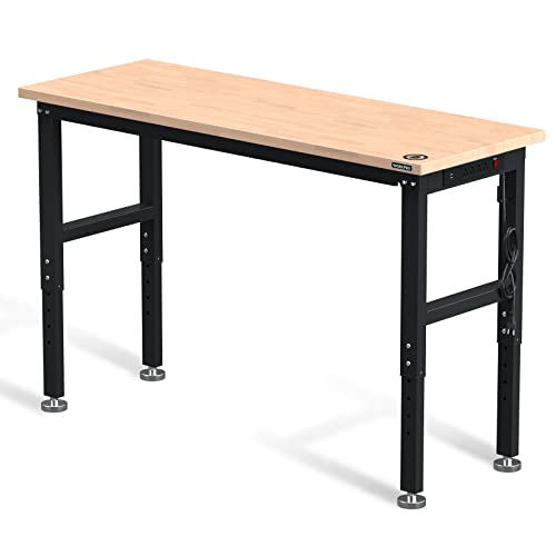 60" Adjustable Rubber Wood Top Heavy-Duty Workbench with Power Outlets Z7545
