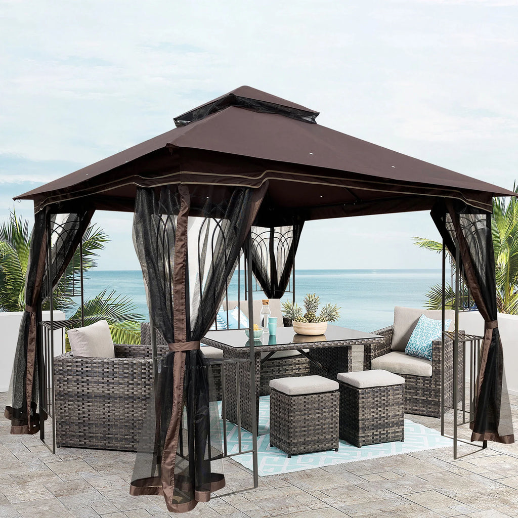 10x10 Outdoor Patio Gazebo Canopy Tent With Ventilated Double Roof And Mosquito Net, Brown K577074
