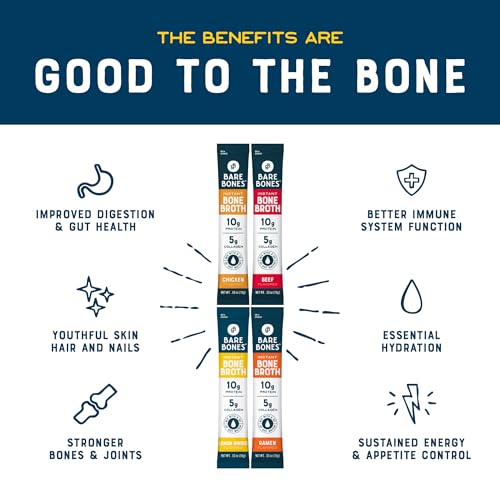 Bone Broth Instant Powdered Beverage Mix, Variety Pack of 32, 15g Sticks U921