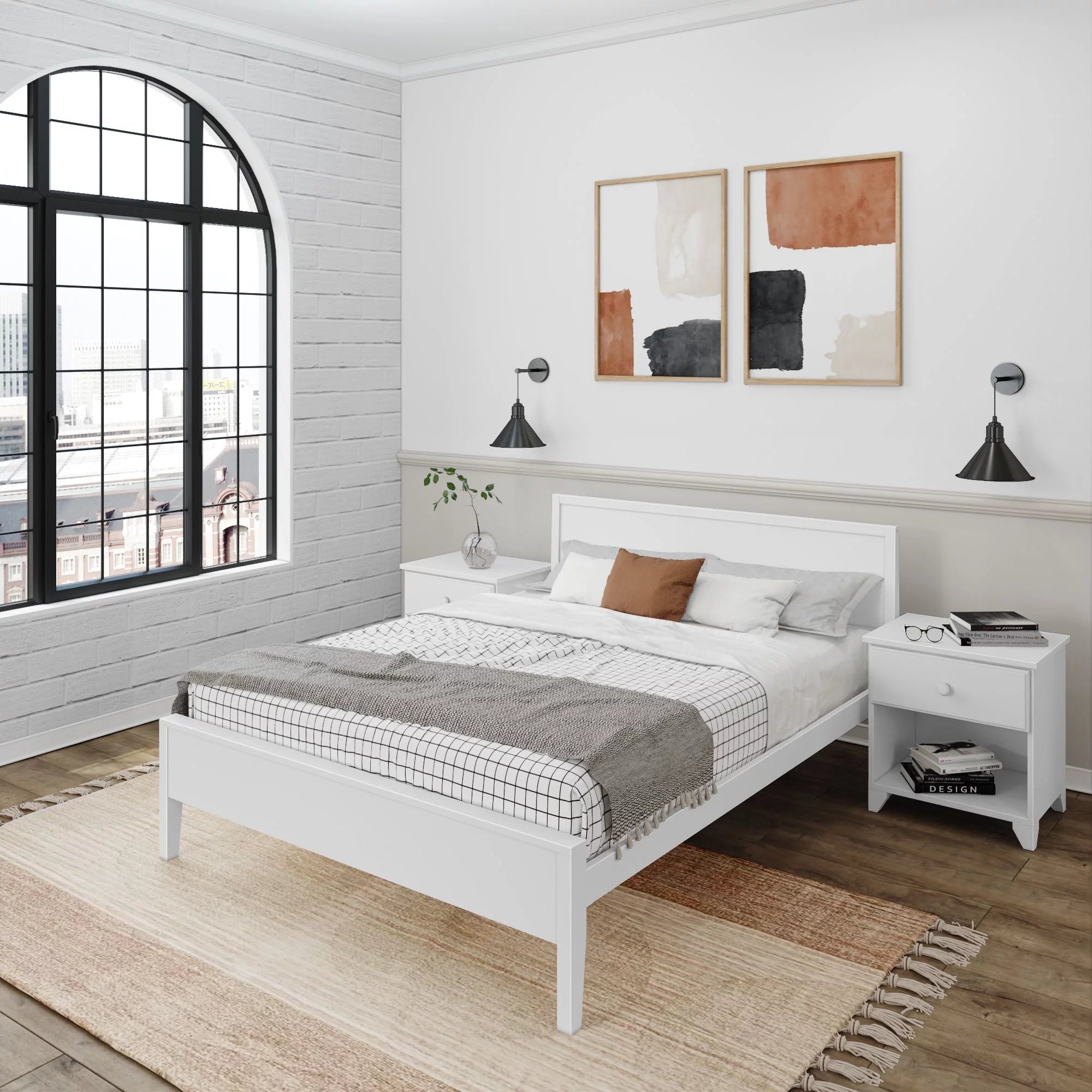 White Solid Wood Queen Bed Frame with Headboard F12434