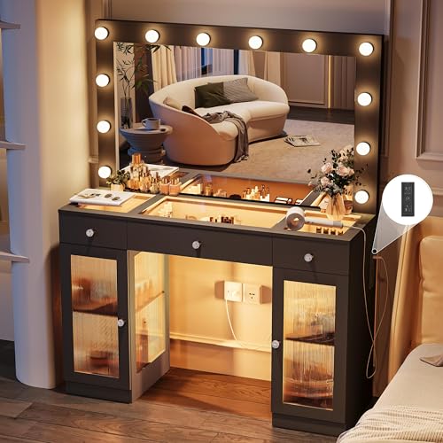 White Glass Top Vanity Desk with Large Mirror and Lights Z44470