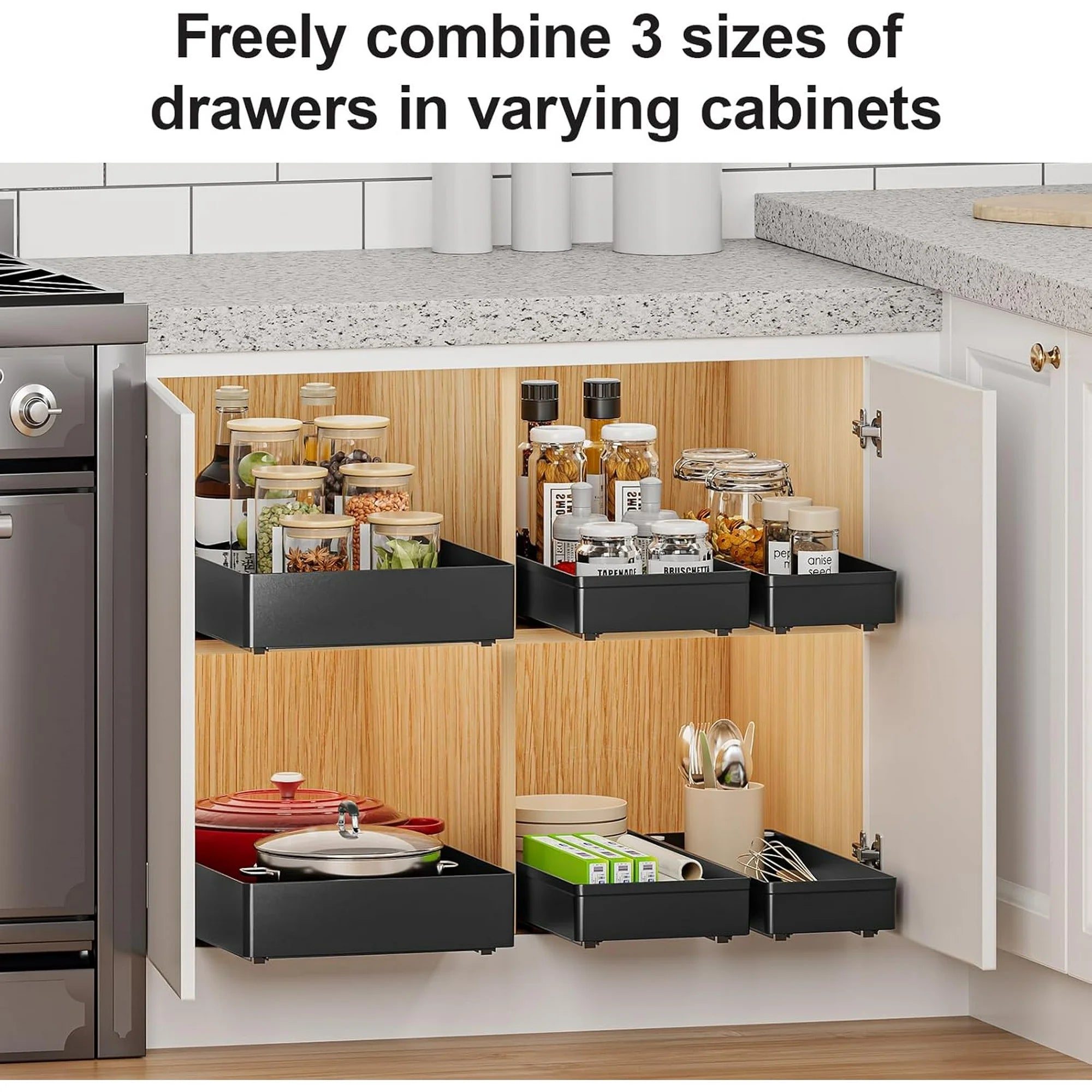 3 Pack Pull Out Cabinet Organizer, 15.7 Deep Drawers (Black) M1481