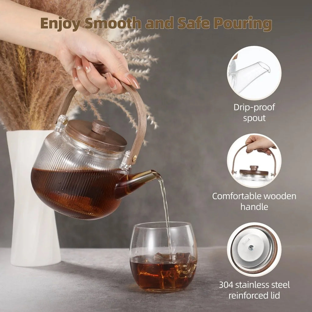 34oz Borosilicate Glass Stovetop Teapot with Removable Infusers and Wooden Lid U76313