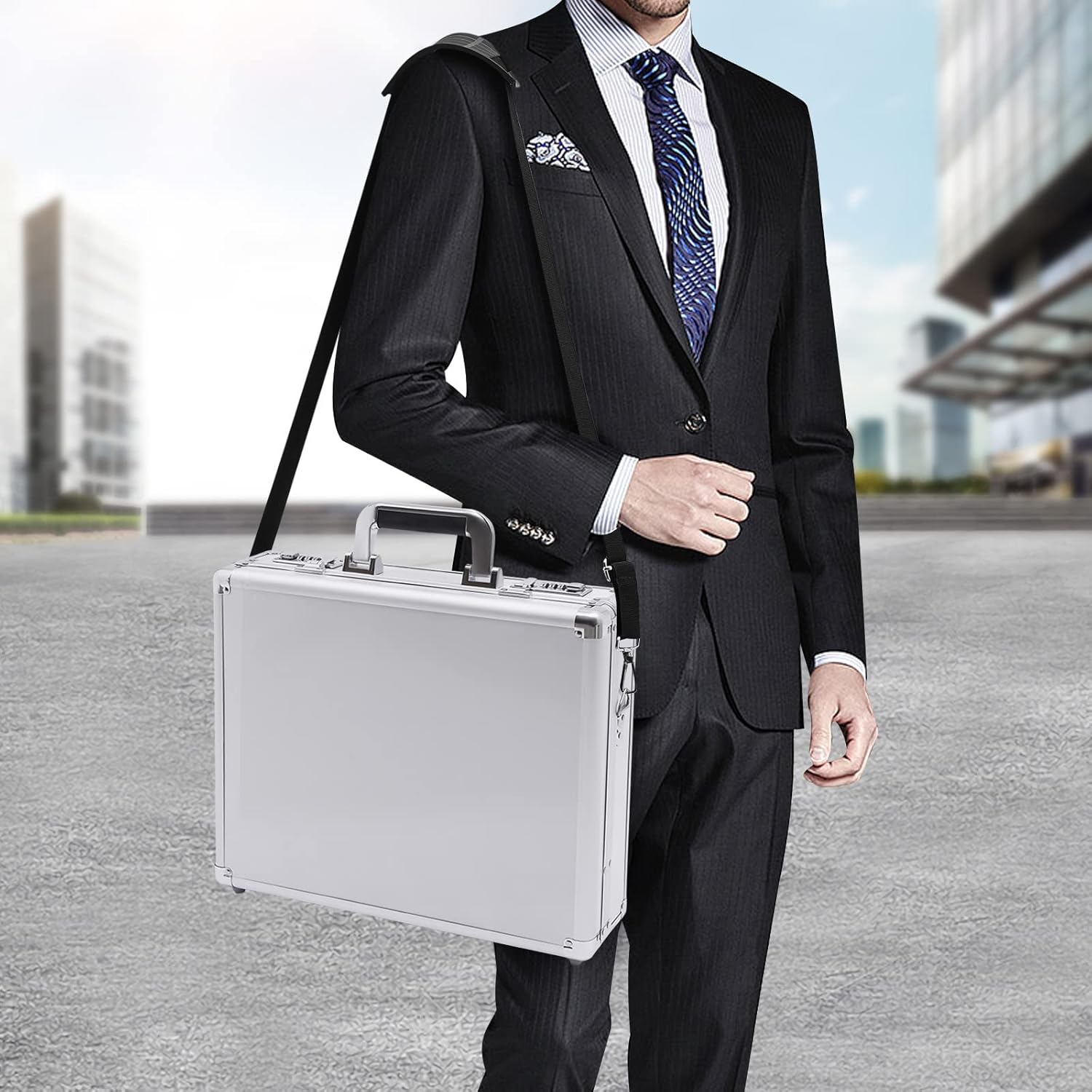 Aluminum Attache Case, 15 x 13 x 4.3 Inch Combination Lock Hard Laptop Case with Strap, Silver M22831