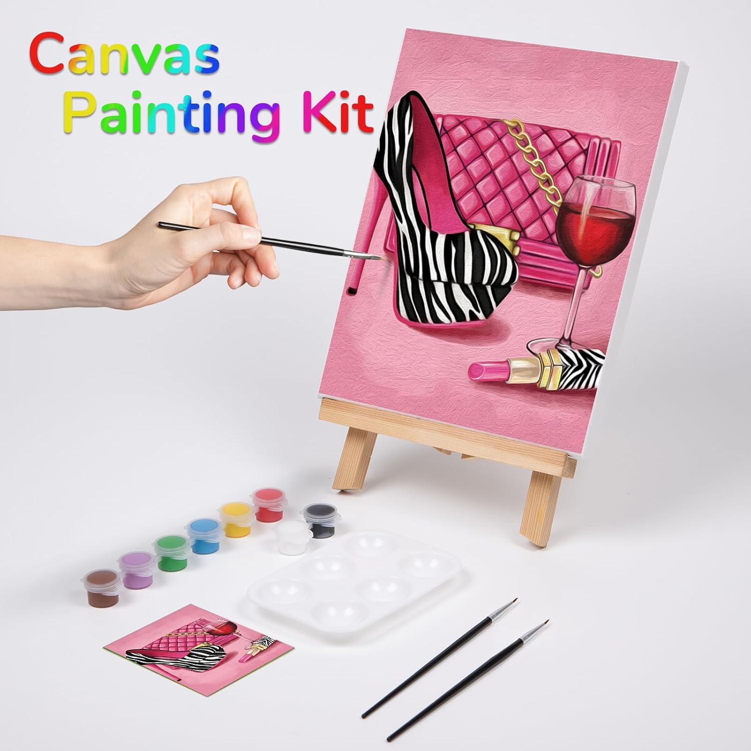 Pre Drawn Canvas Painting Kit with 1 Easel, 8 Acrylic Colors, 3 Brush, 1 Pallet (8x10) E460209