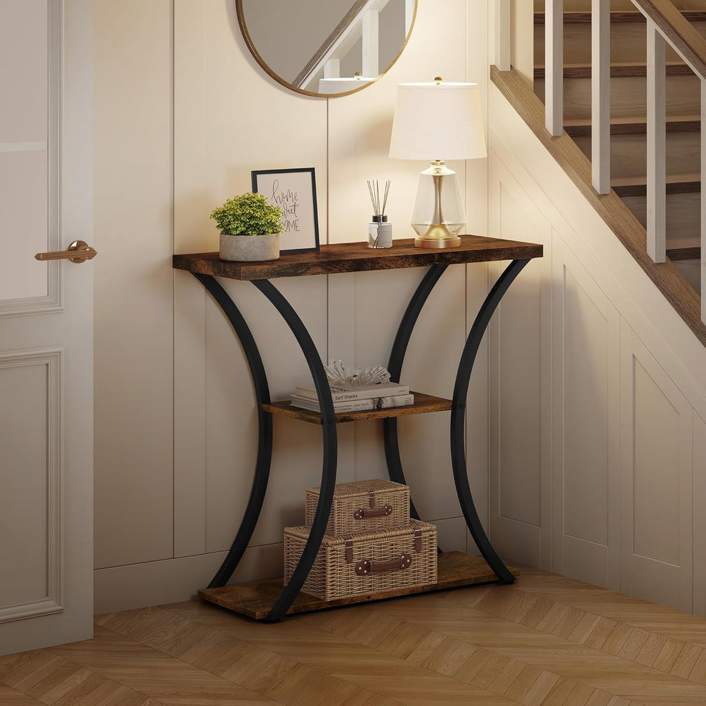 Rustic Brown+Black 3 Tier Console Table with Open Wood Shelves O949