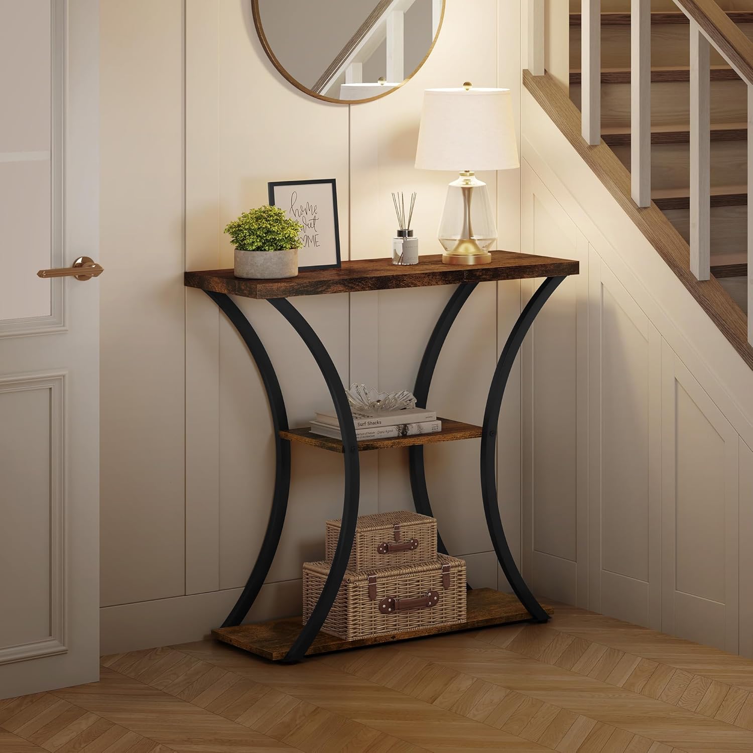 Rustic Brown+Black 3 Tier Console Table with Open Wood Shelves O949