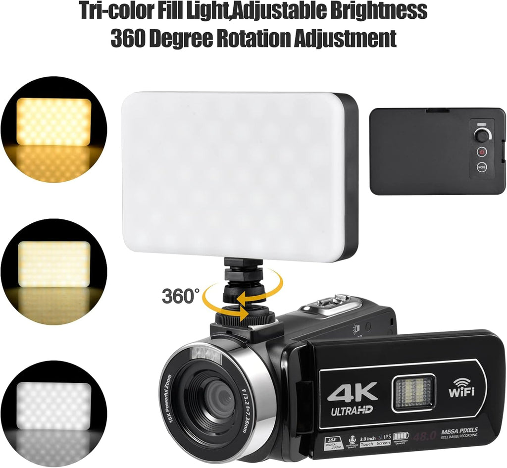 4K 48MP 3.0 Inch IPS Touch Screen Camcorder with Microphone and 2 Batteries (Black) G724213