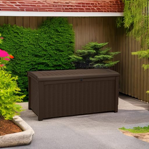 Brown 110 Gallon Waterproof Plastic Storage Deck Box Y3774