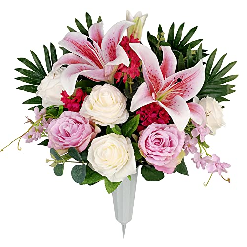 Vibrant Pink Lily and Rose Silk Flower Arrangement with Vase S876187
