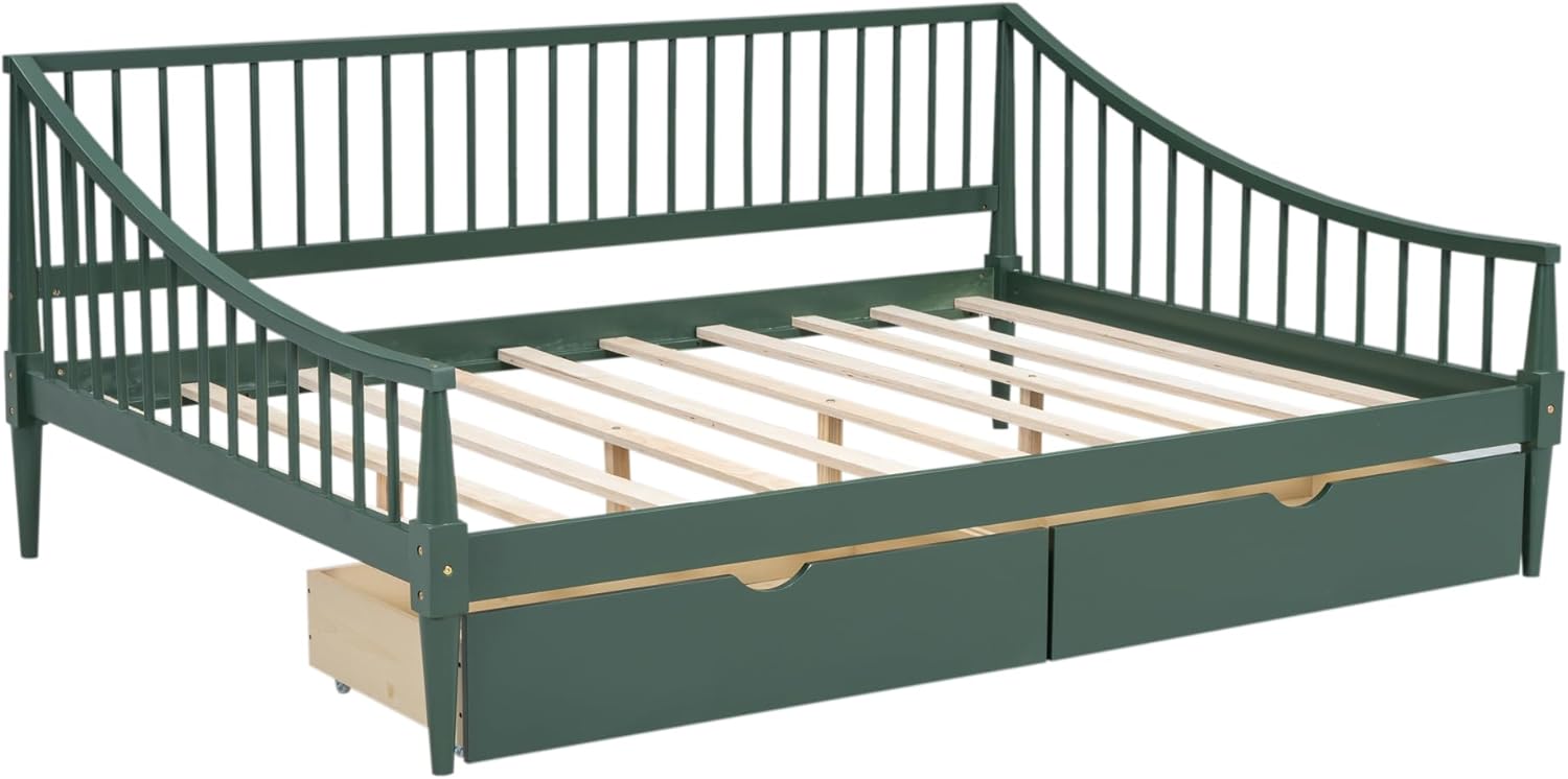 Green Full Size Daybed with Two Drawers Solid Wood Storage Bed Frame G2208