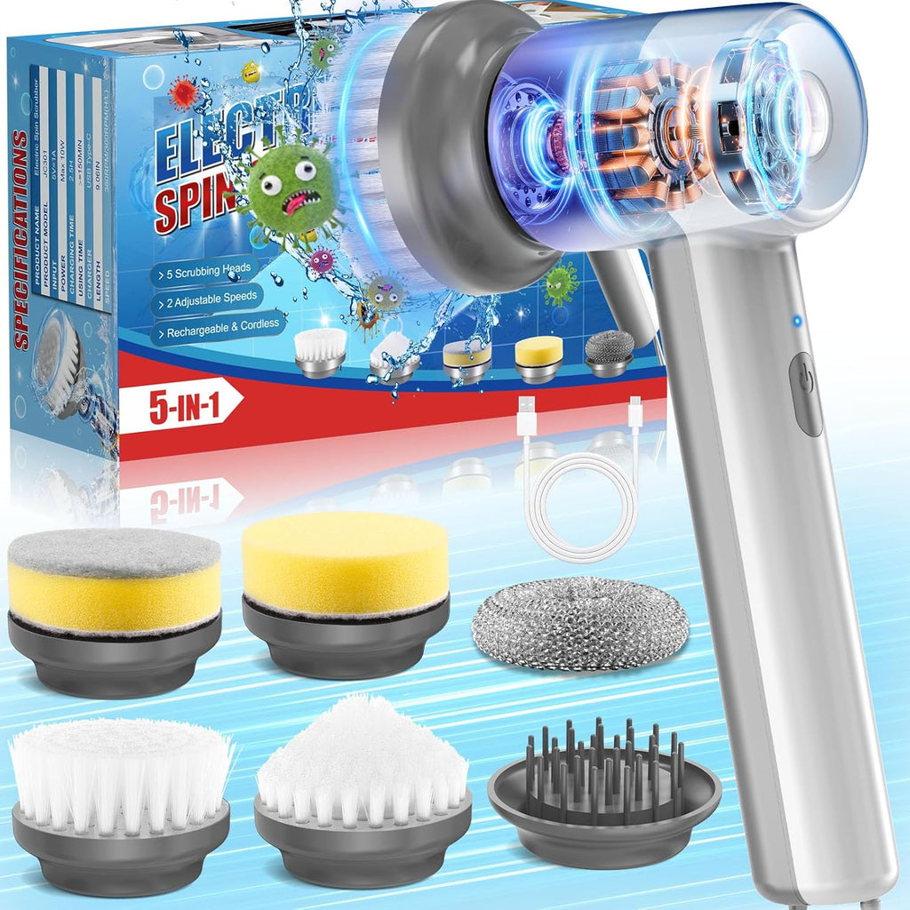 Cordless Electric Spin Scrubber with 5 Cleaning Brush Heads V658