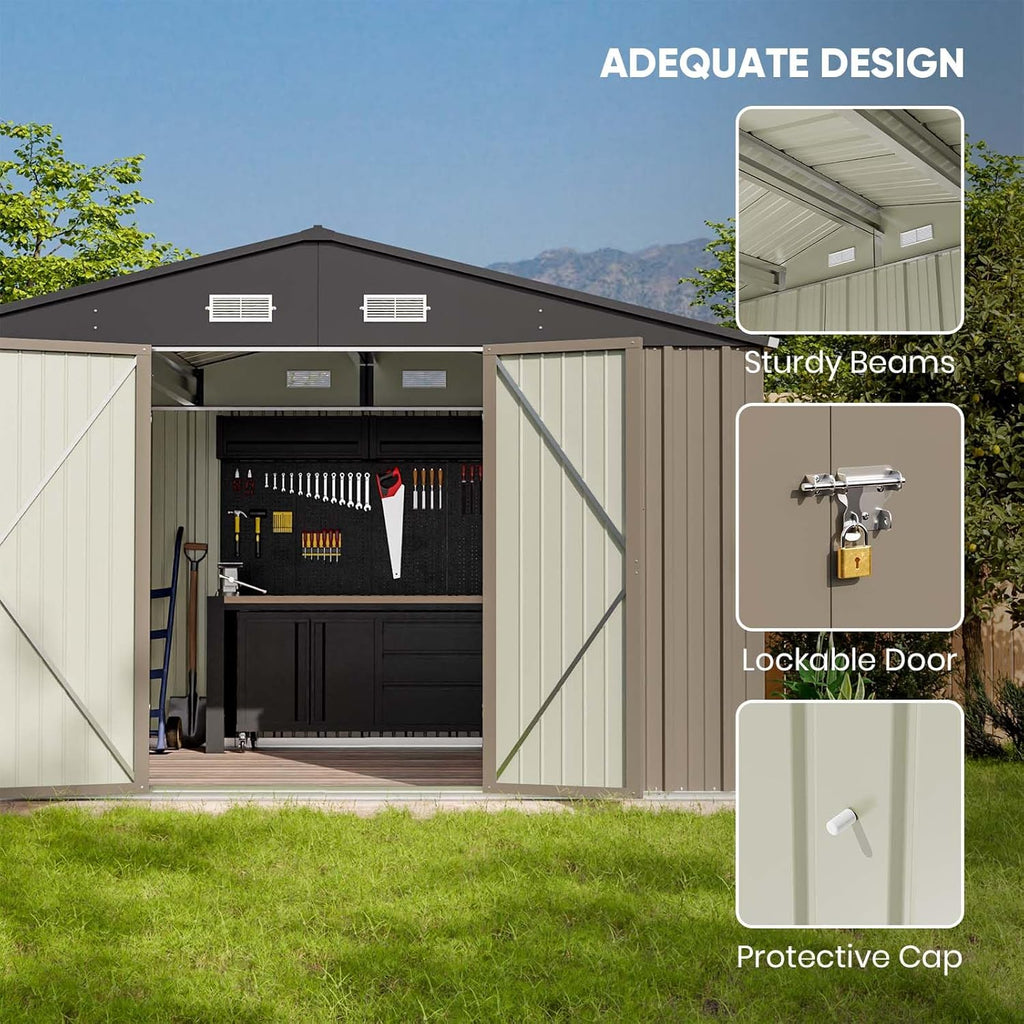 10 x 8 FT Metal Storage Shed with Sloping Roof and Double Lockable Door, Brown F4726