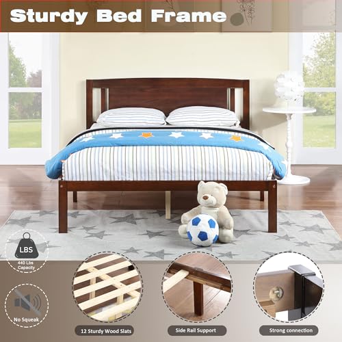 Grey Twin Solid Pine Wood Platform Bed Frame with Headboard W578985