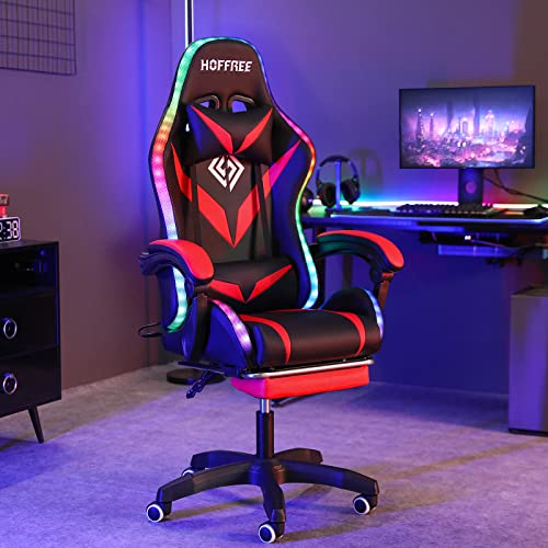 Blue and White Ergonomic Gaming Chair with Massage, LED Lights, Footrest, High Back, Reclining, Adjustable Lumbar Support B4781