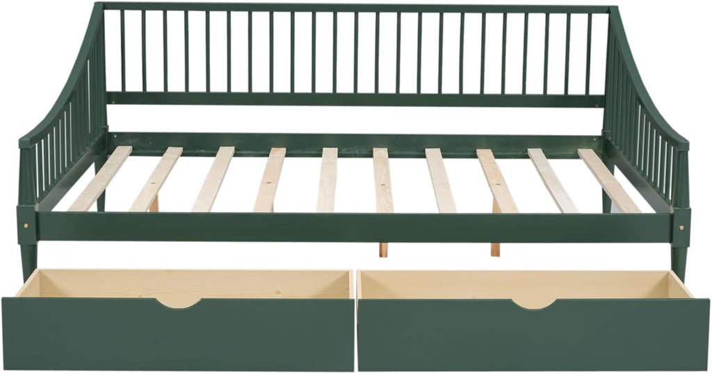 Green Full Size Daybed with Two Drawers Solid Wood Storage Bed Frame G2208