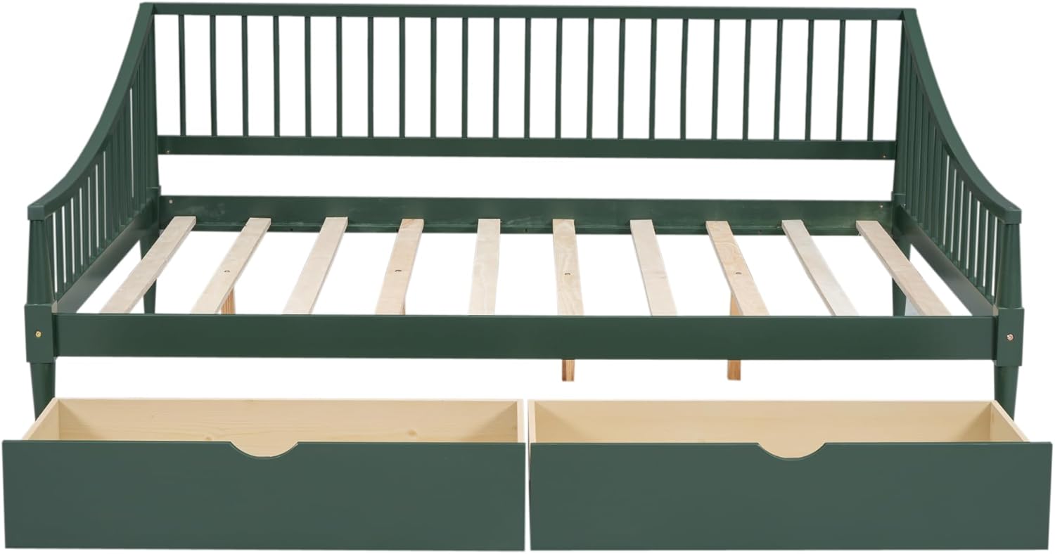 Green Full Size Daybed with Two Drawers Solid Wood Storage Bed Frame G2208