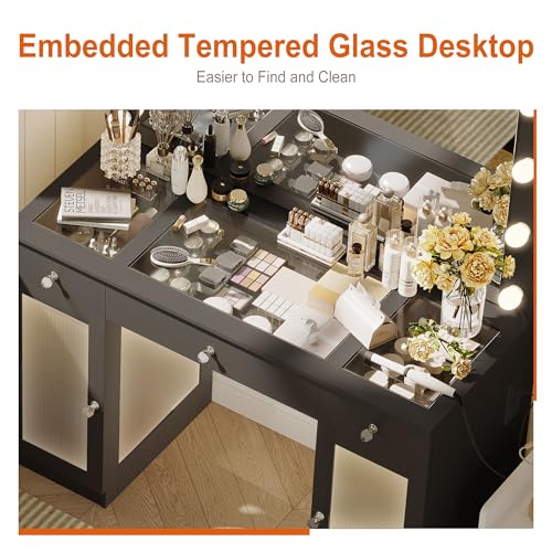 White Glass Top Vanity Desk with Large Mirror and Lights Z44470