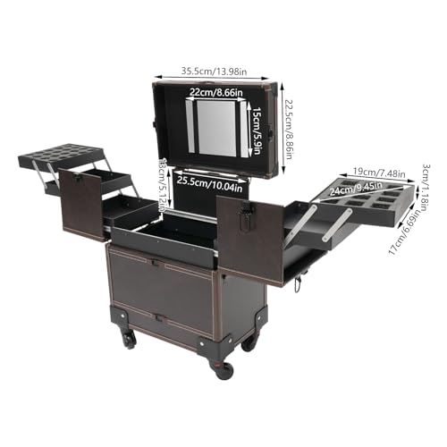 Black Aluminum Cosmetic Organizer Box with Mirror and 4 Wheels F432525