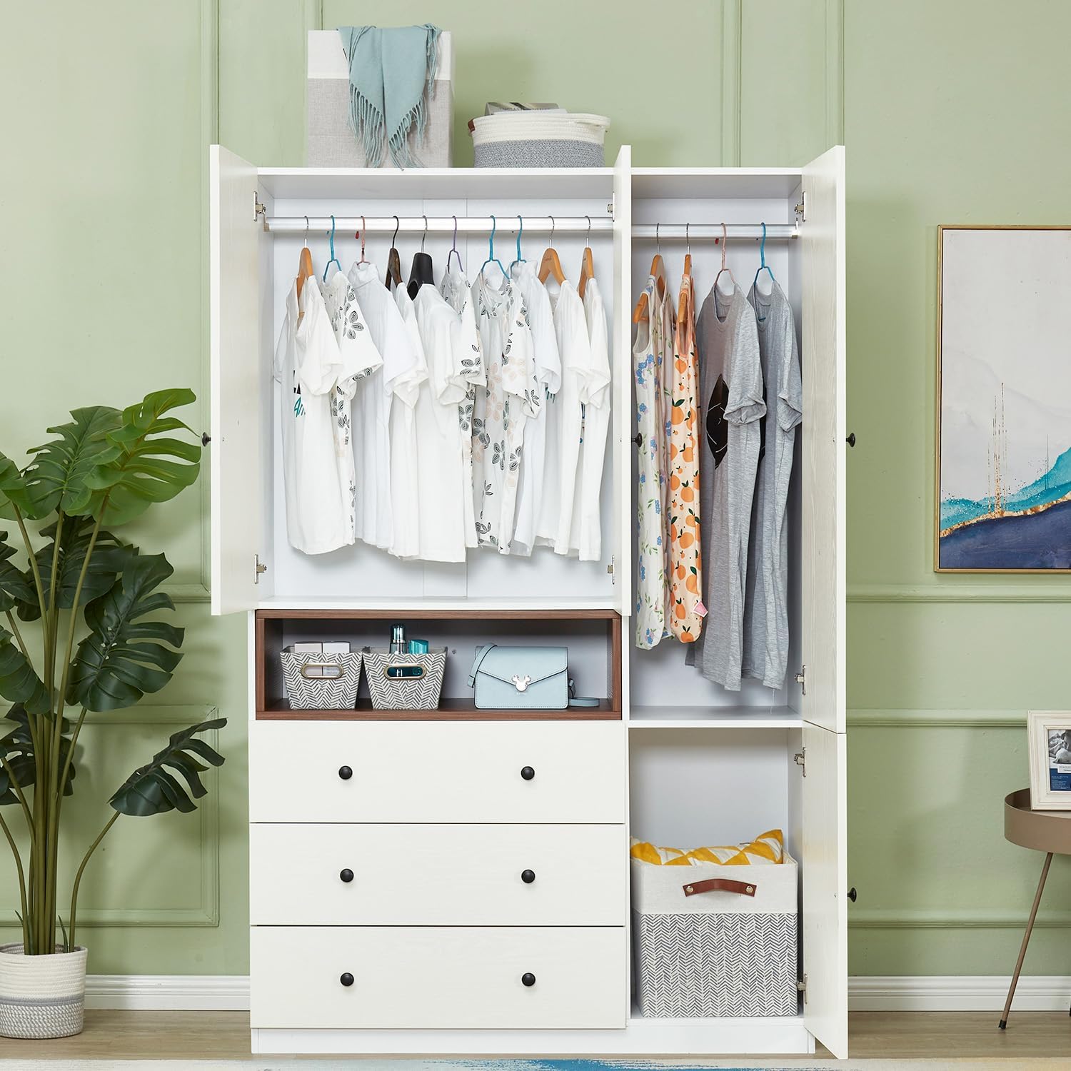 Wooden White 3-Door Armoire Wardrobe Closet with Hanging Rod Q362