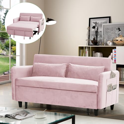 Pink Velvet Sleeper Sofa Couch Bed with Two Pillows I1282