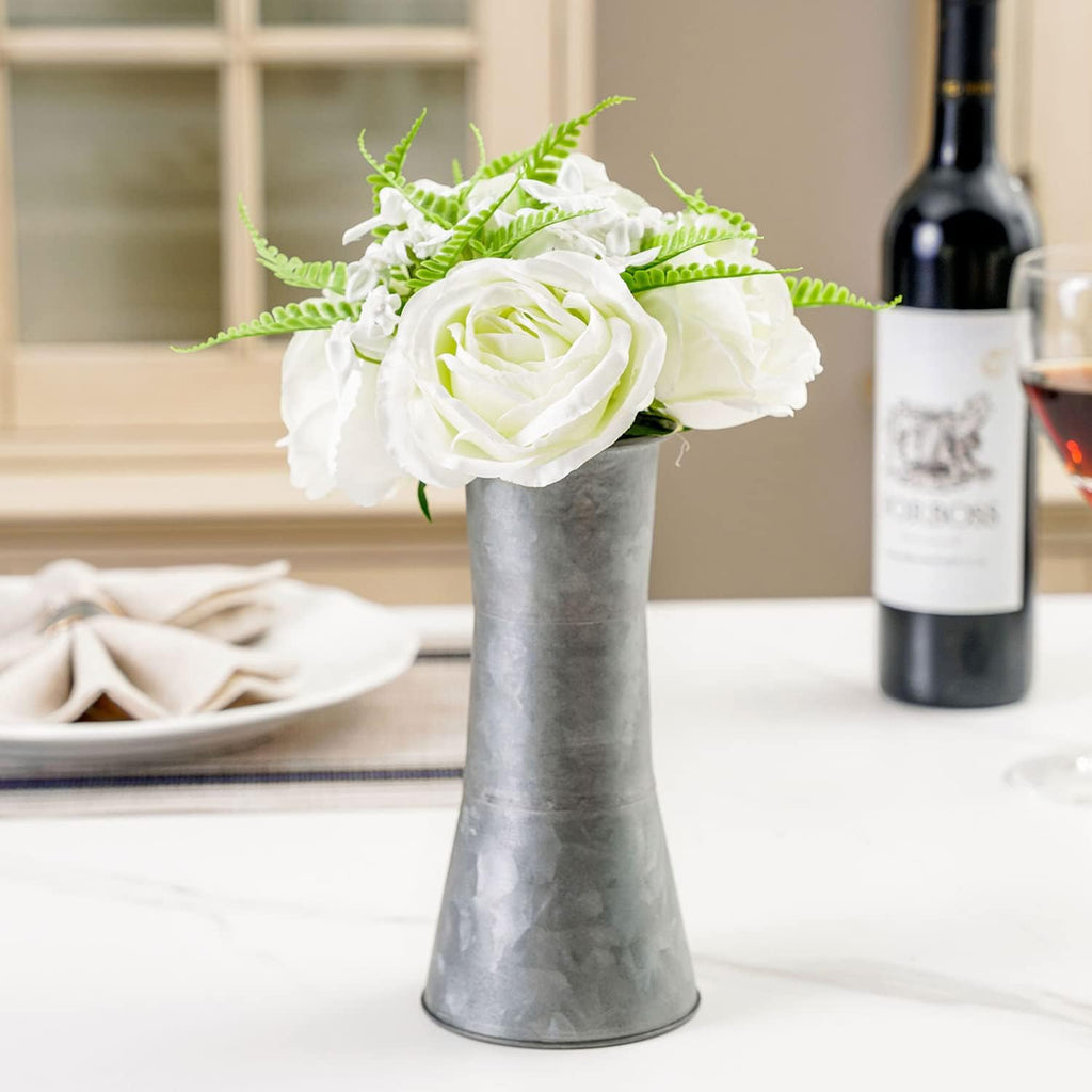8 Inch Galvanized Metal Decorative Flower Vase with Faux Floral Bouquet, Artificial White Roses V832