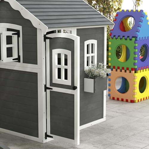 Gray Wooden Playhouse with Floor, Door, Windows & Planter Box F3061