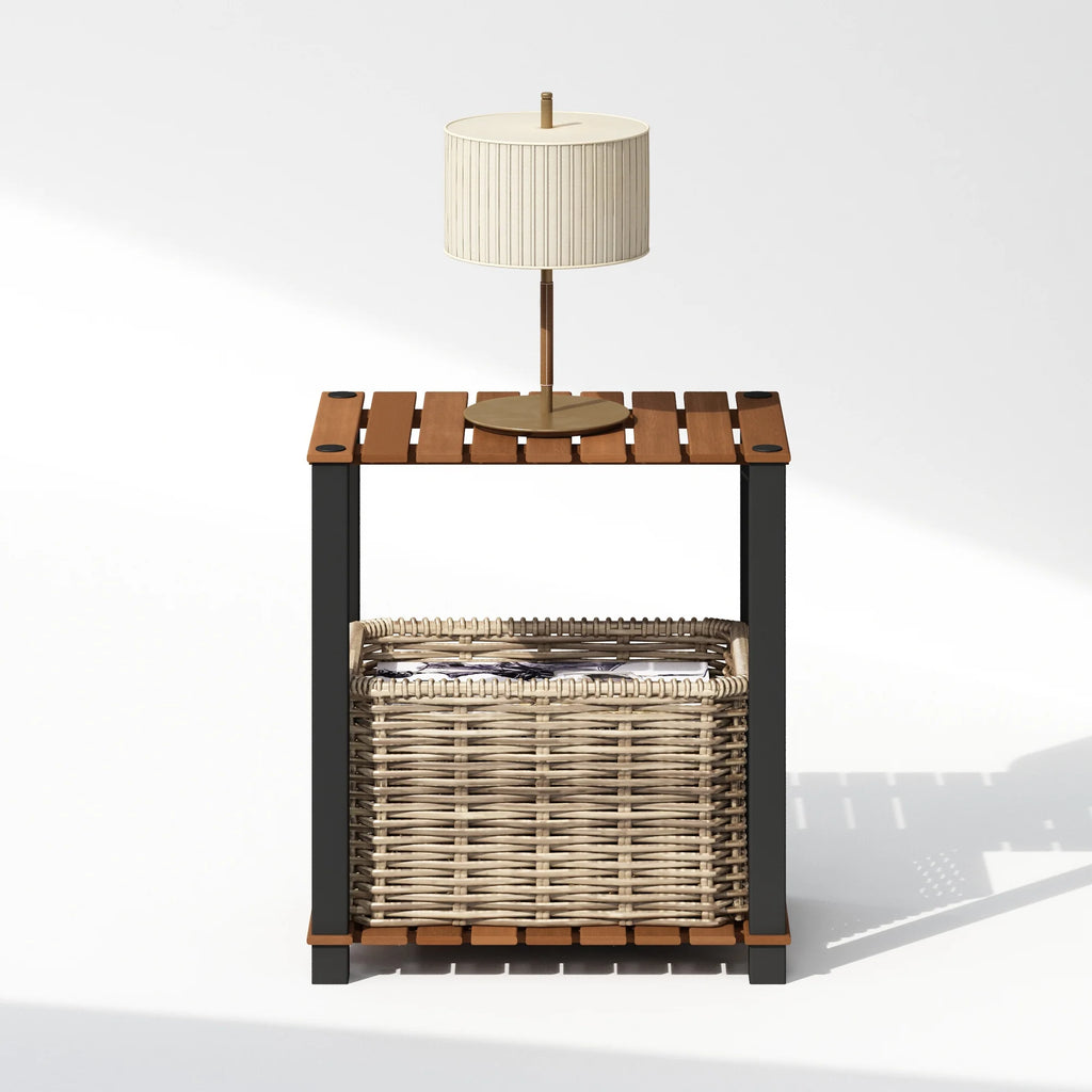 Natural Black 2-Tier Wood Slat End Table with Open Shelves A840