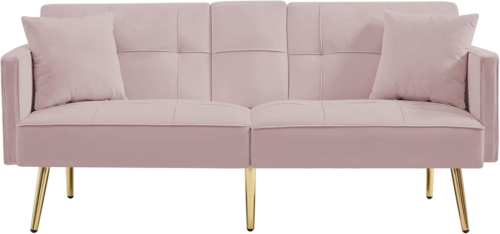 Pink Velvet Convertible Futon Loveseat Sofa Bed with 2 Cup Holders Y10250