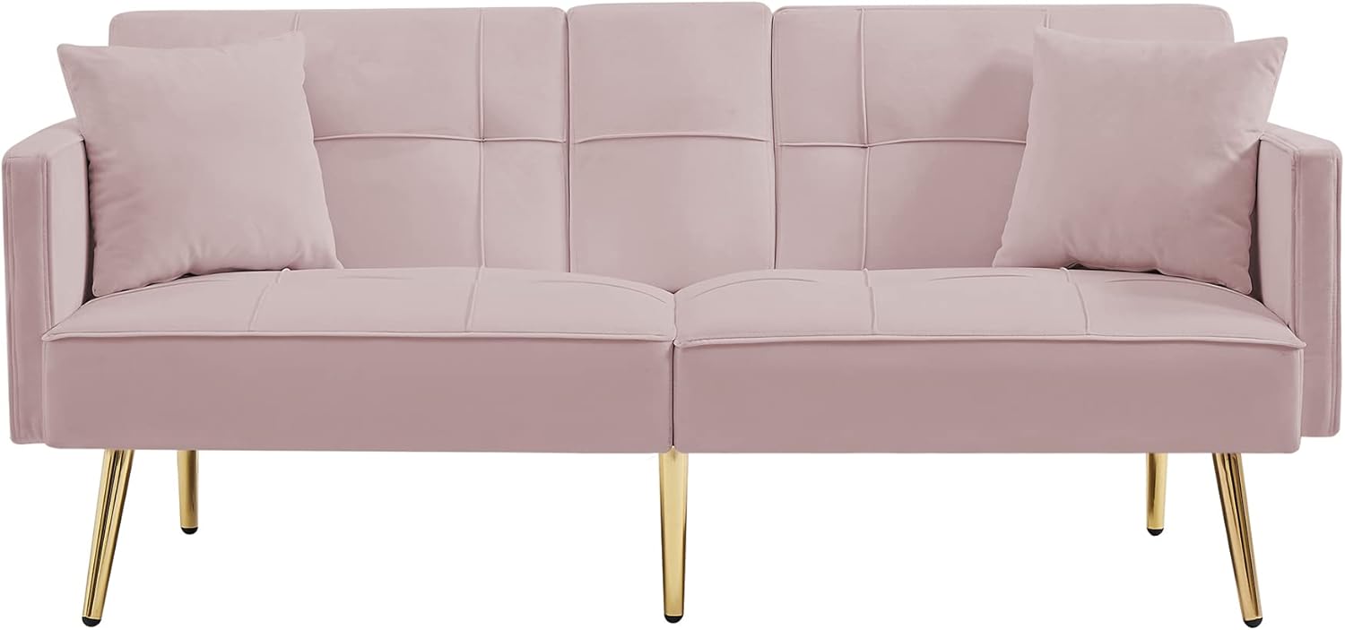 Pink Velvet Convertible Futon Loveseat Sofa Bed with 2 Cup Holders Y10250