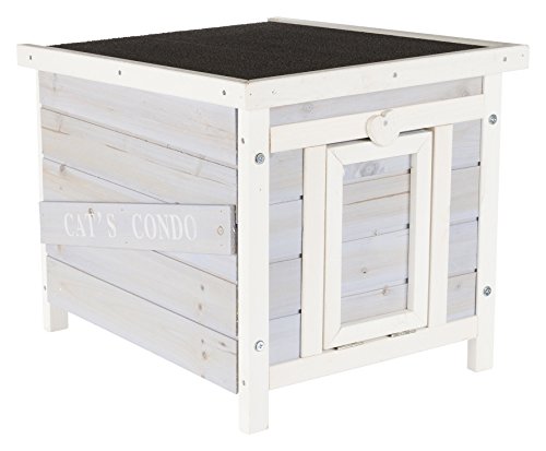 Gray & White Fir Wood Outdoor Cat House with Raised Floor and Hinged Asphalt Roof C528