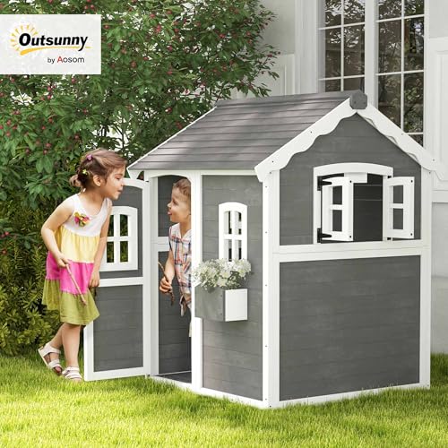 Gray Wooden Playhouse with Floor, Door, Windows & Planter Box F3061